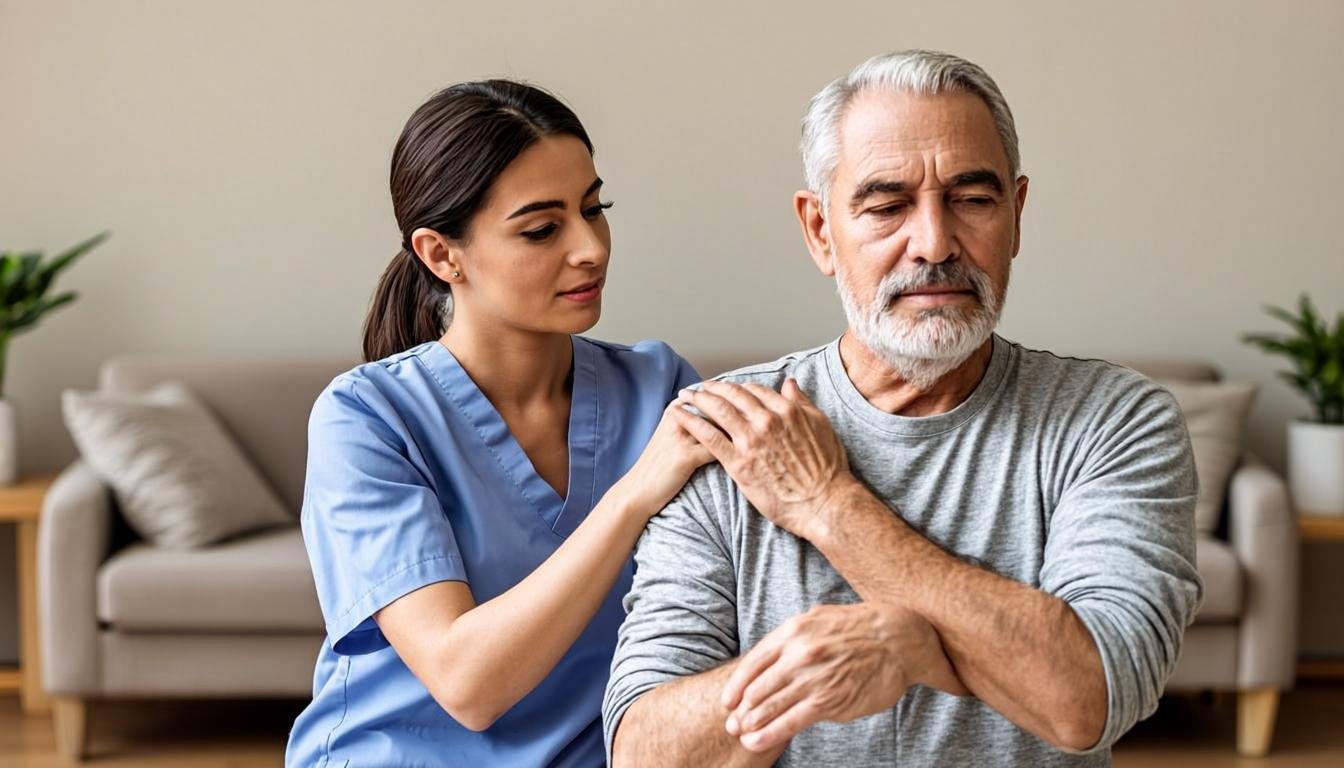 Pakistani physiotherapist helping elderly man exercise at home