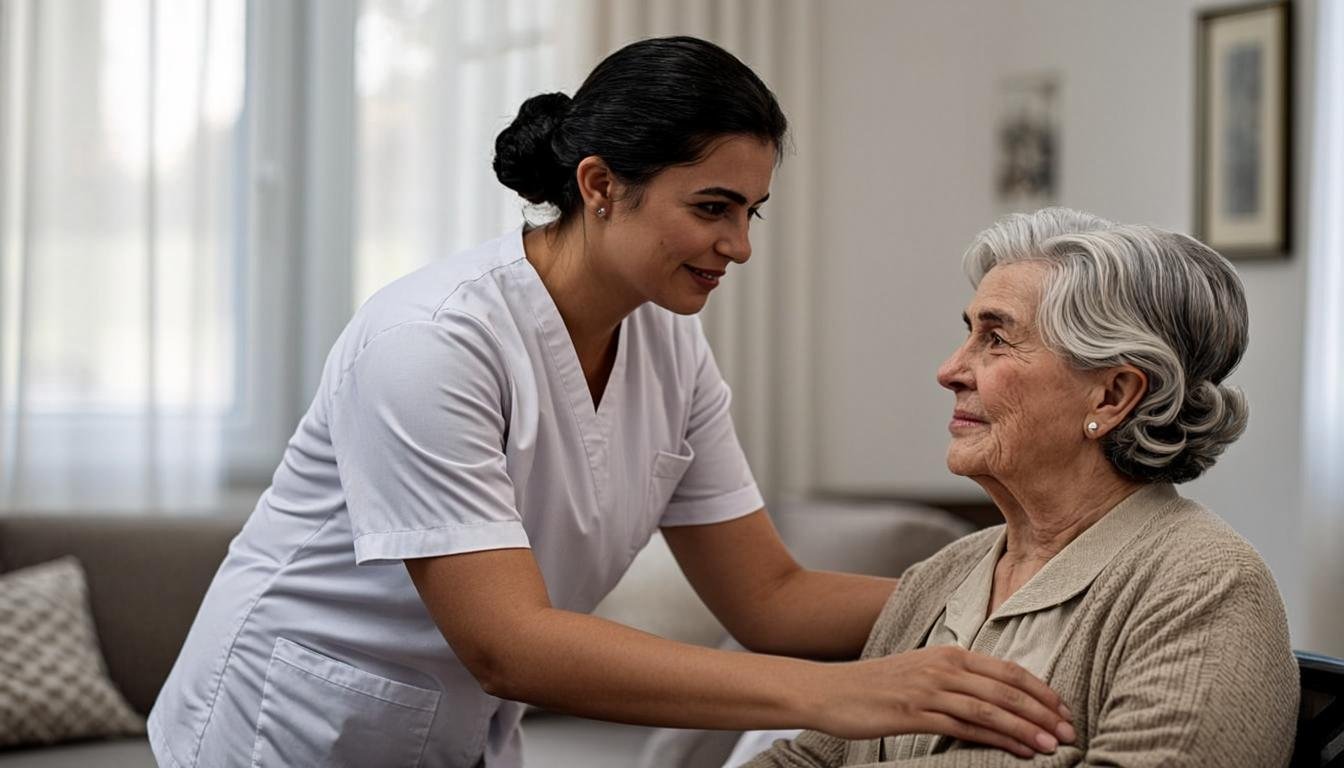 Pakistani nurse providing home nursing care to elderly patient in Lahore