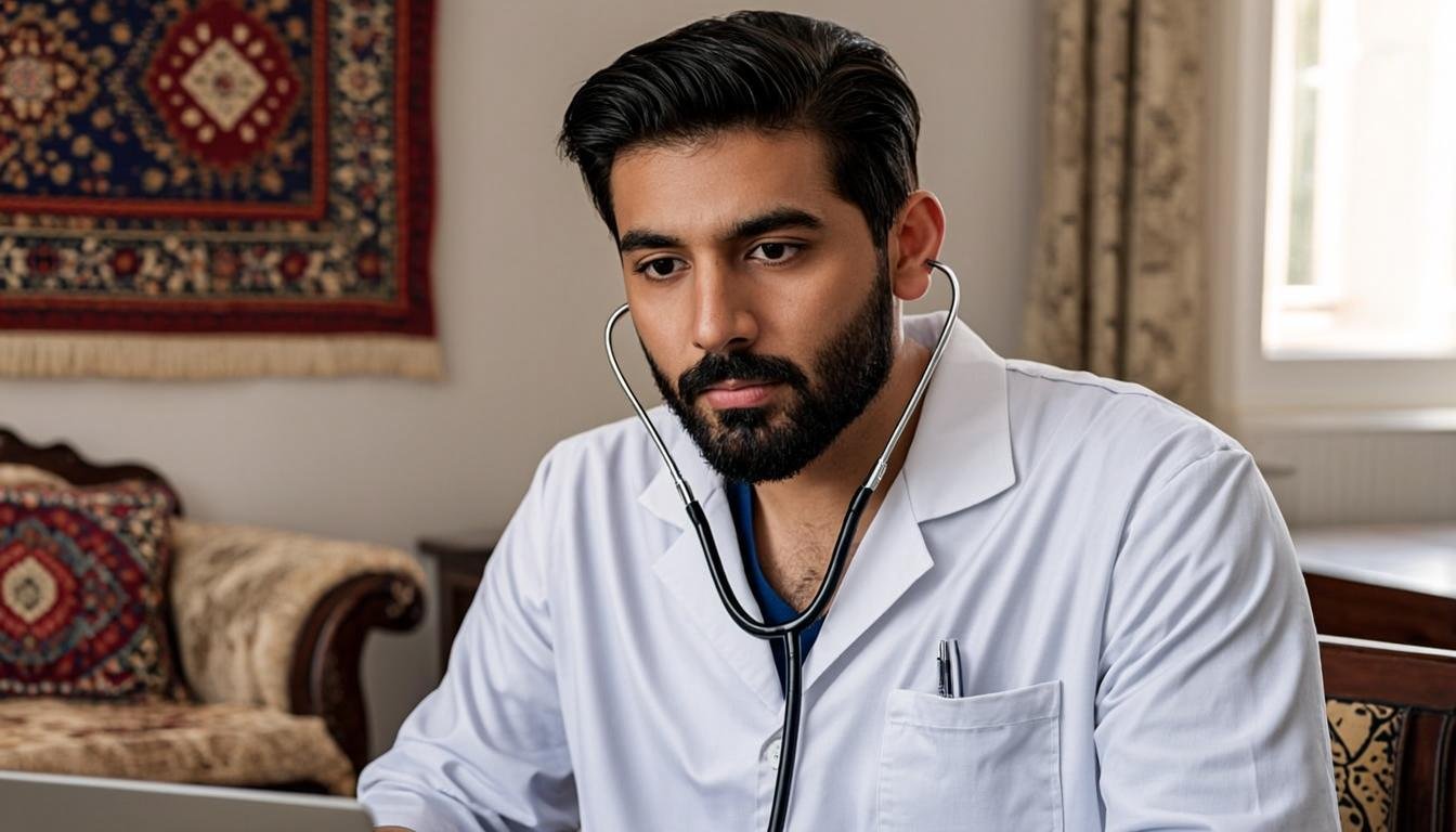 Pakistani doctor examining patient at home during house call