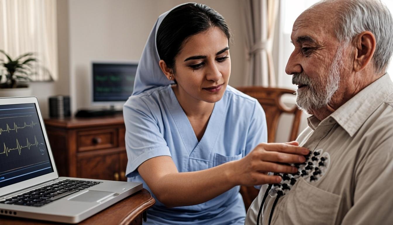 Pakistani nurse performing ECG on patient at home
