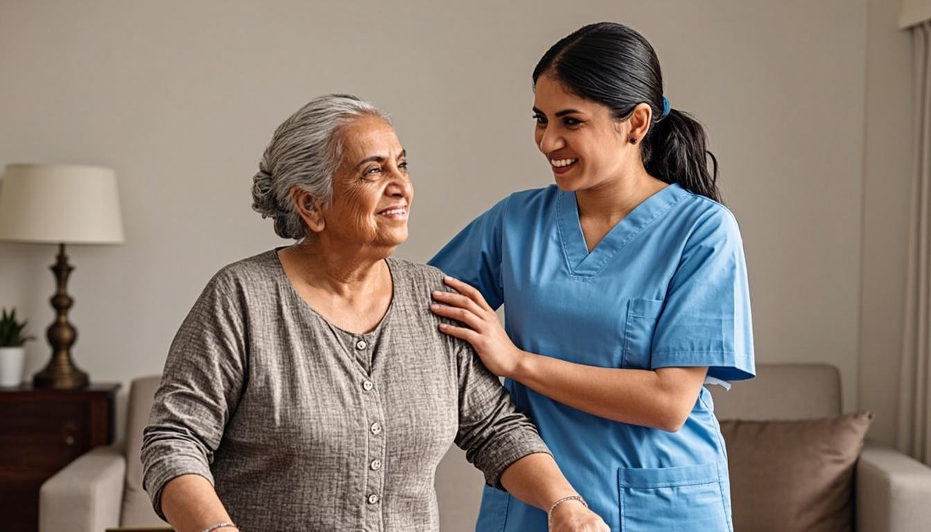 Pakistani caregiver assisting elderly person at home in Lahore