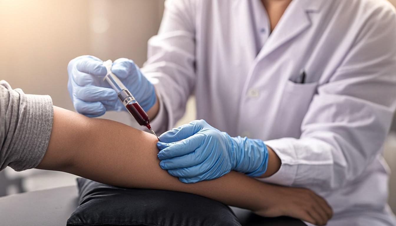Pakistani phlebotomist collecting blood sample from patient at home