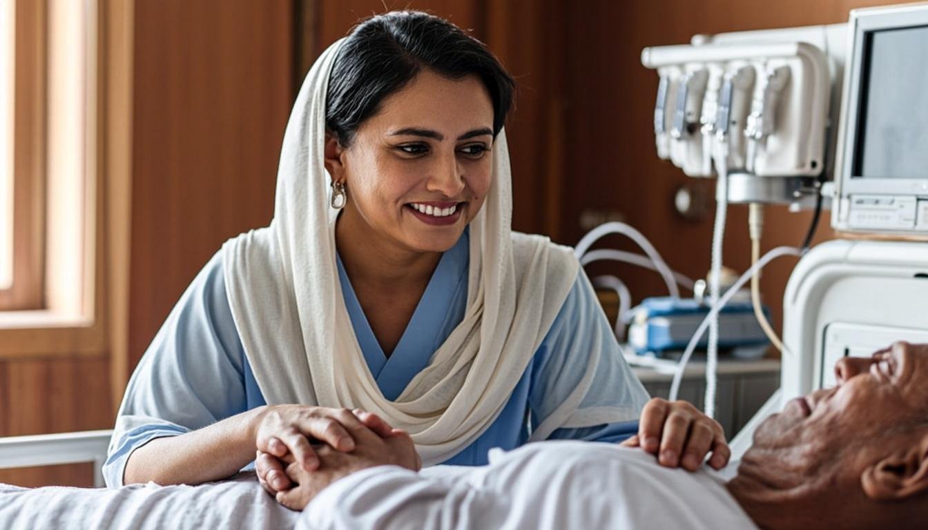 Pakistani nurse monitoring dialysis patient at home