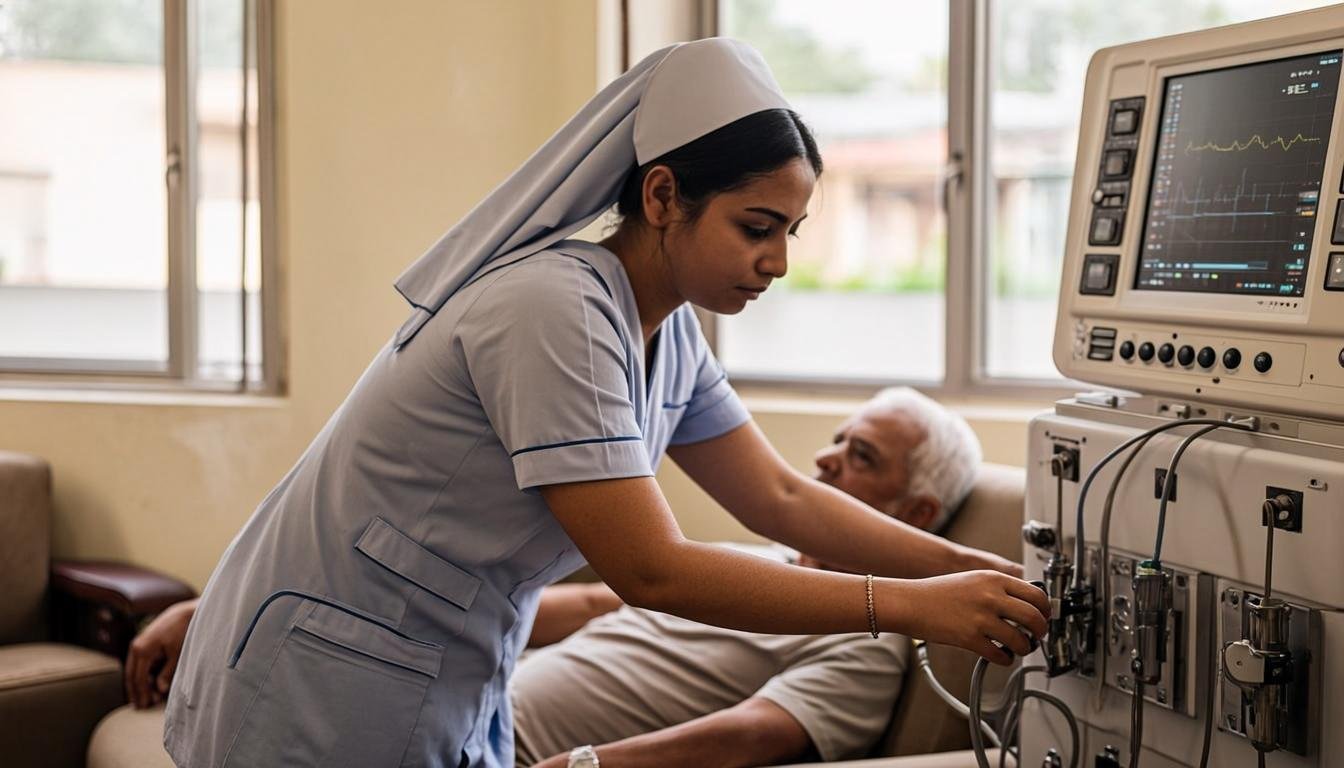 Pakistani nurse with dialysis patient at home