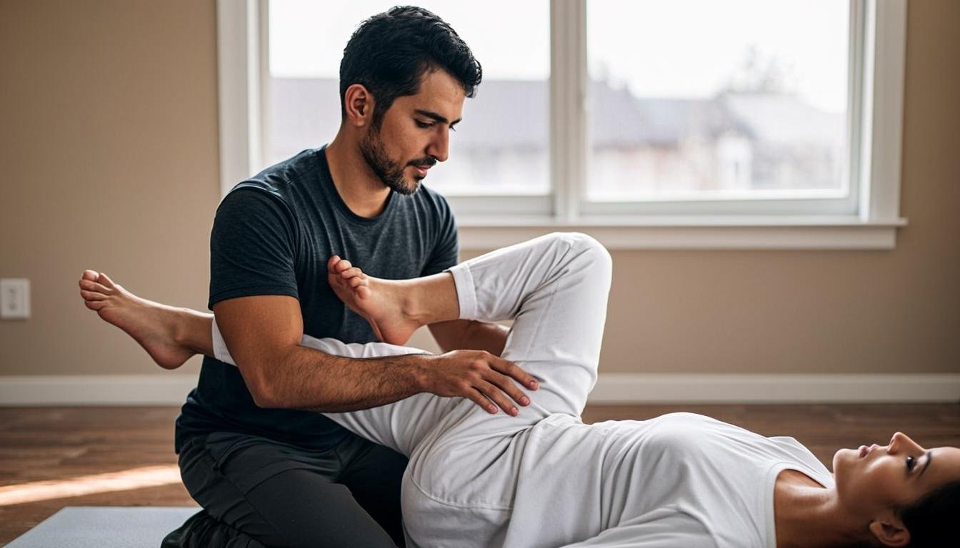 Pakistani physiotherapist helping patient with exercises at home