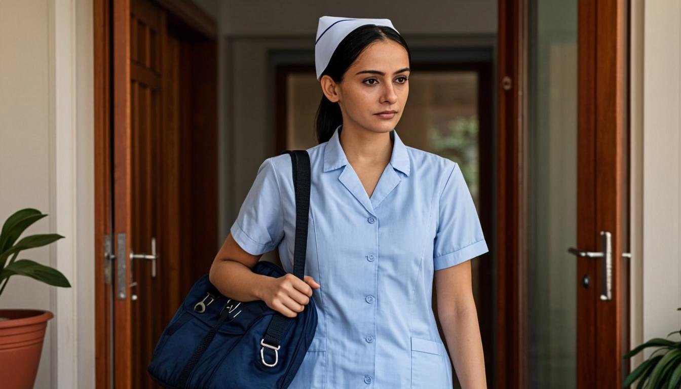 Pakistani female home nurse with medical bag at patient home