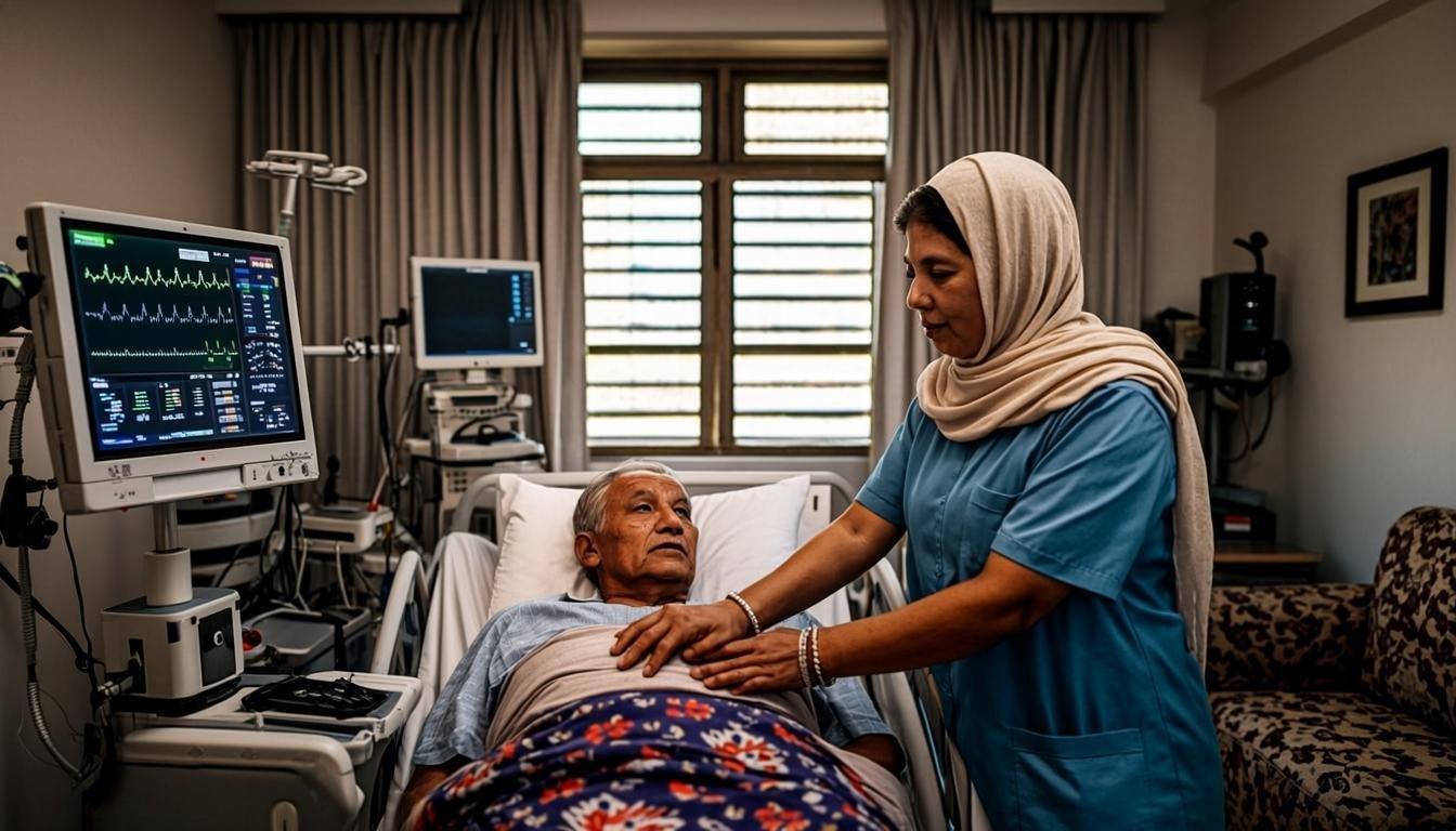 Home ICU setup with cardiac monitor and Pakistani nurse at bedside