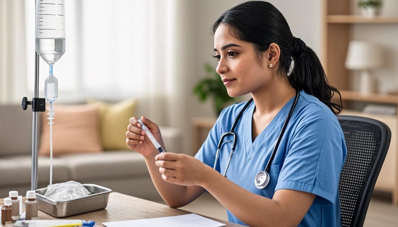 Pakistani nurse preparing IV drip therapy for patient at home