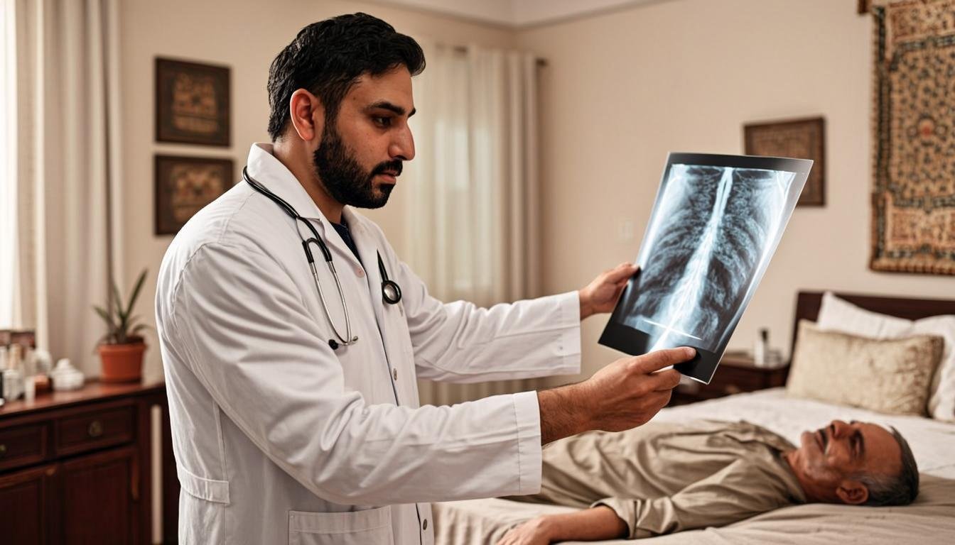 Pakistani radiologist with portable X-ray machine at patient home