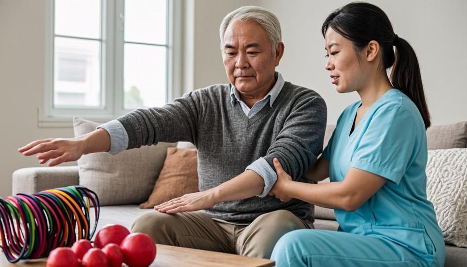 Pakistani physiotherapist helping stroke patient do exercises at home