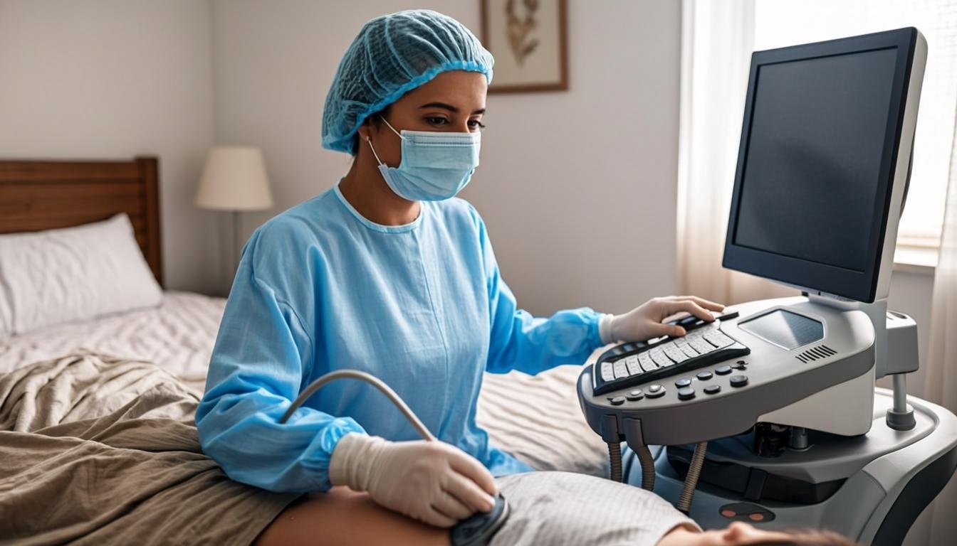 Pakistani sonographer performing ultrasound on patient at home