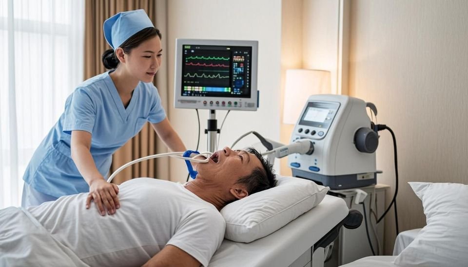 Pakistani nurse monitoring ventilator patient at home with ICU equipment