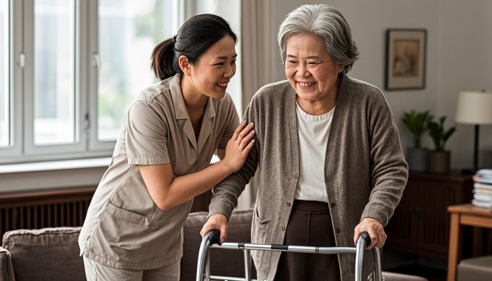 Trained caregiver assisting a patient at home