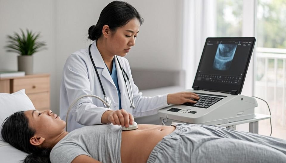 Portable ultrasound scan being performed at home